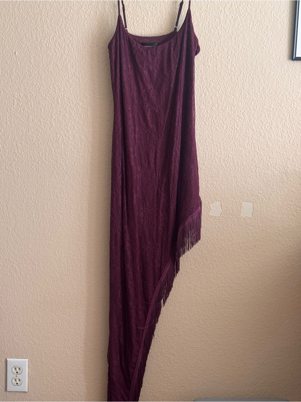 White Fox Boutique Asymmetrical Fringe Skirt in Plum